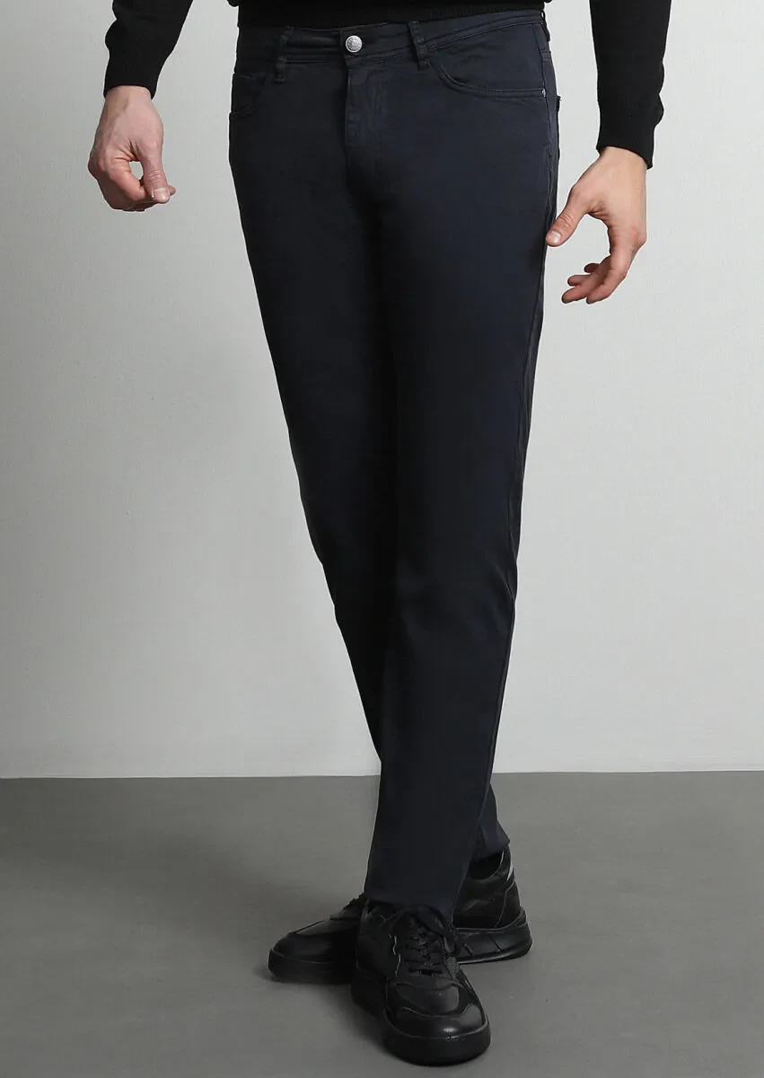 Navy Blue Weaving Slim Fit Casual Cotton Blended Trousers - 3