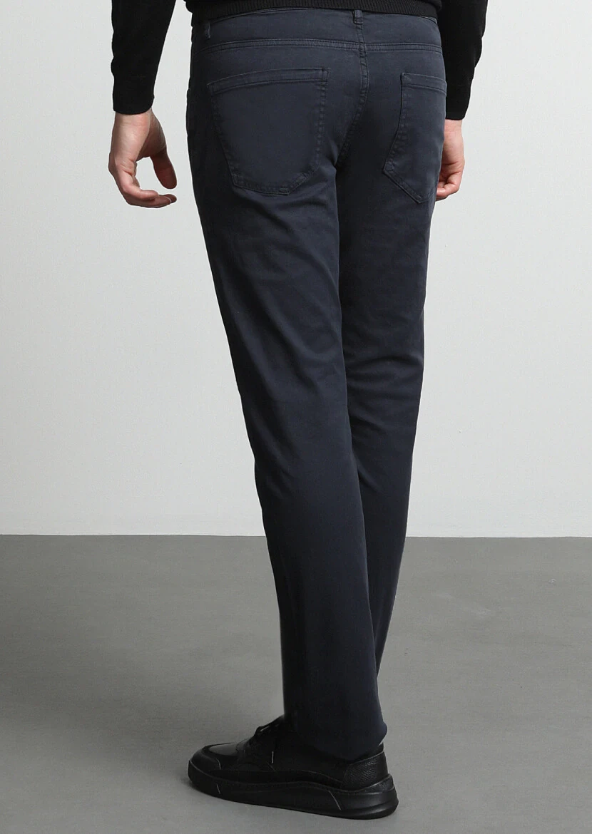 Navy Blue Weaving Slim Fit Casual Cotton Blended Trousers - 4