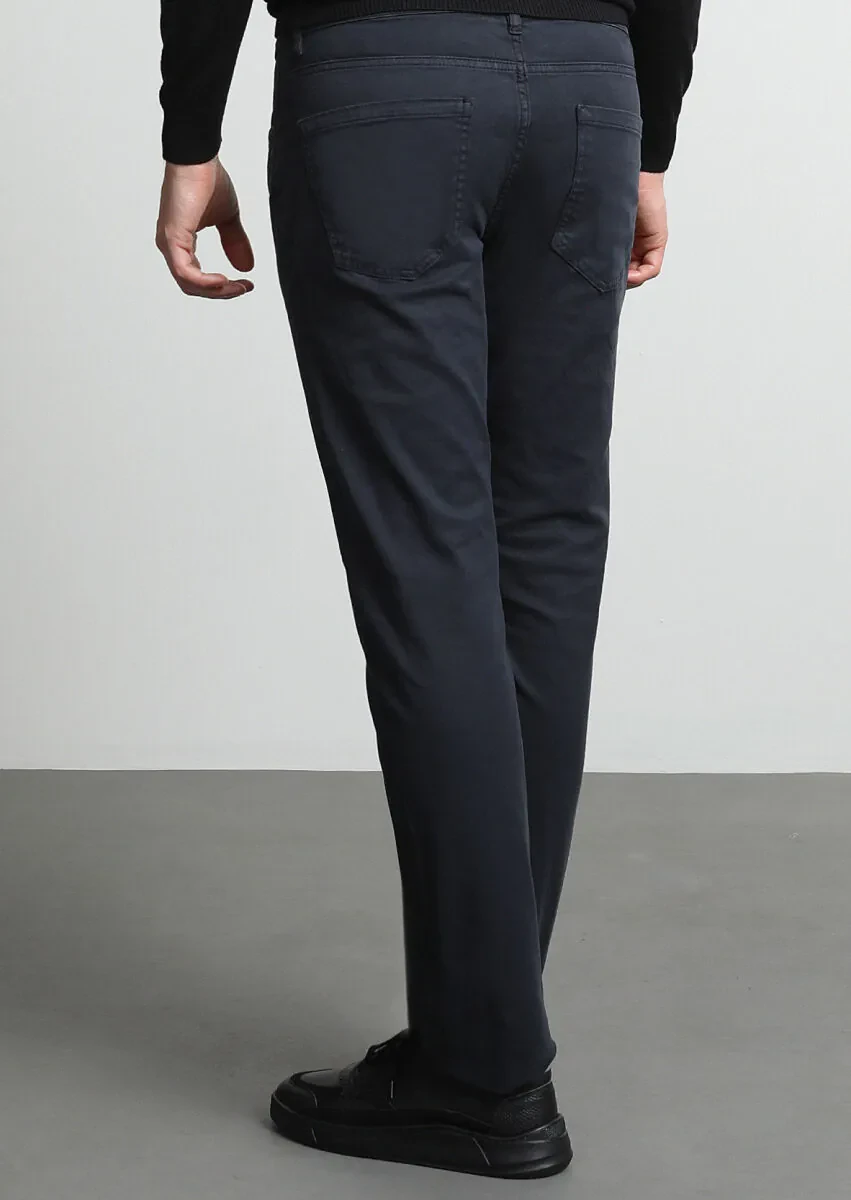 Navy Blue Weaving Slim Fit Casual Cotton Blended Trousers - 4