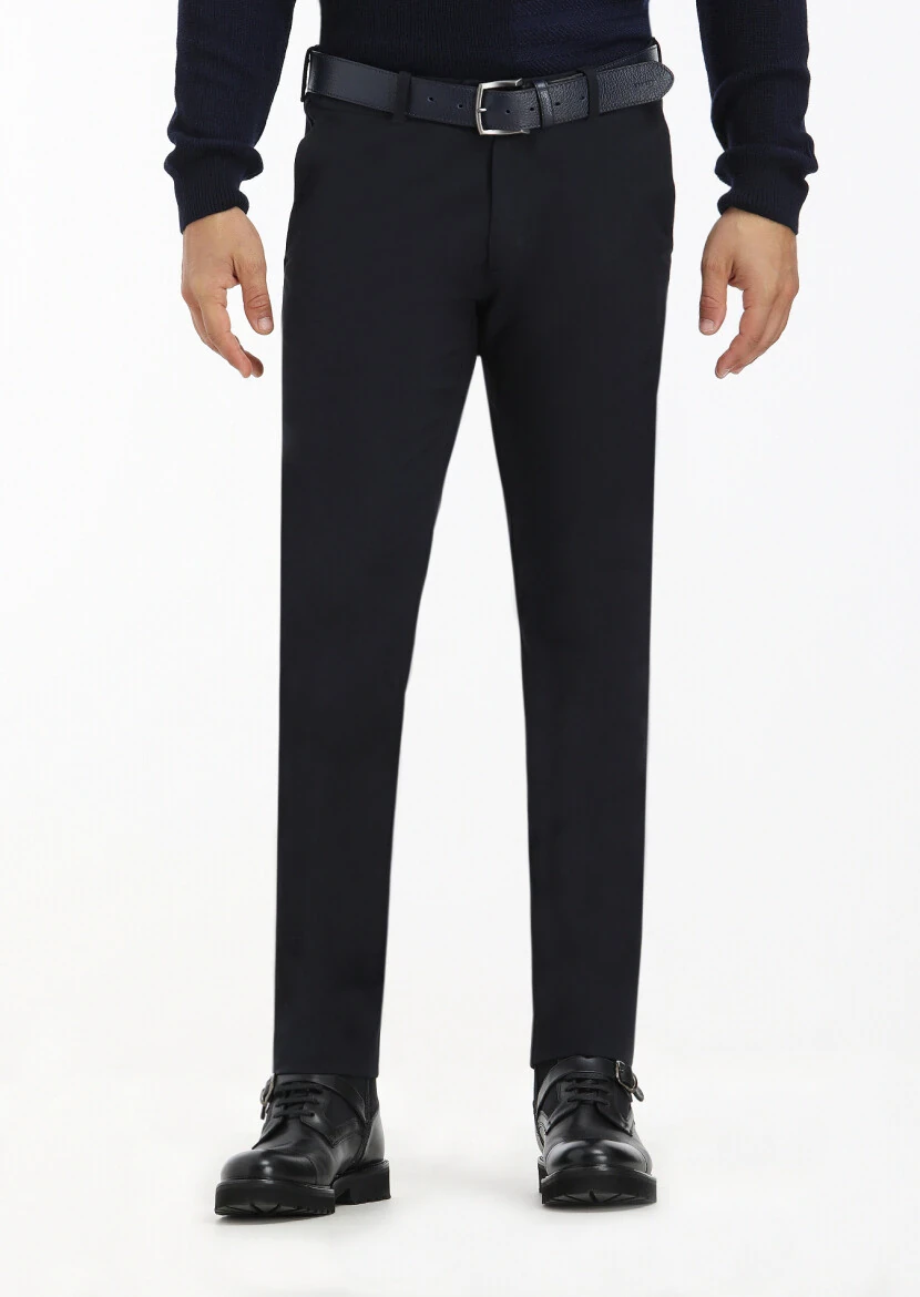 Navy Blue Weaving Slim Fit Casual Cotton Blended Trousers - RAMSEY