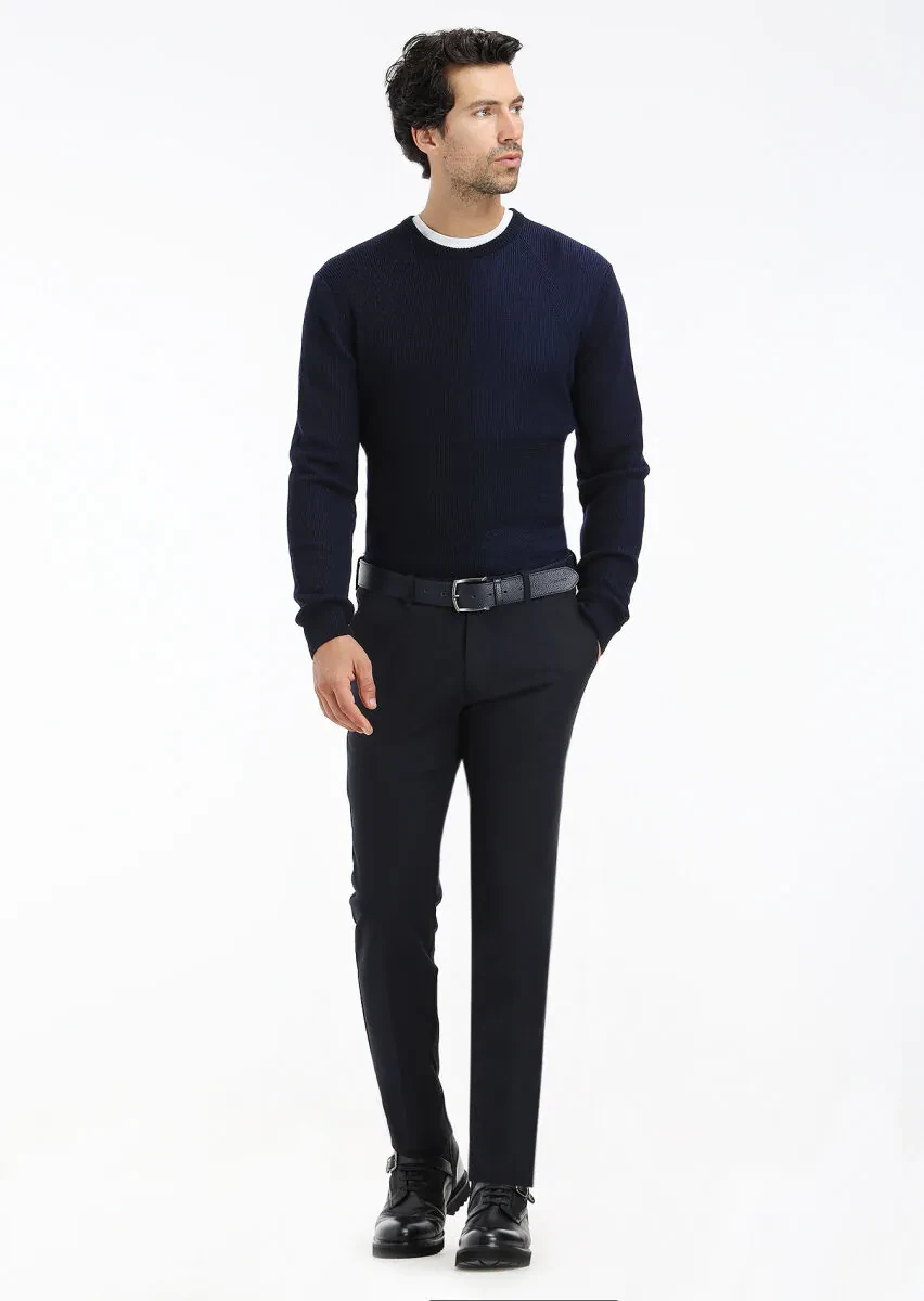 Navy Blue Weaving Slim Fit Casual Cotton Blended Trousers - 2