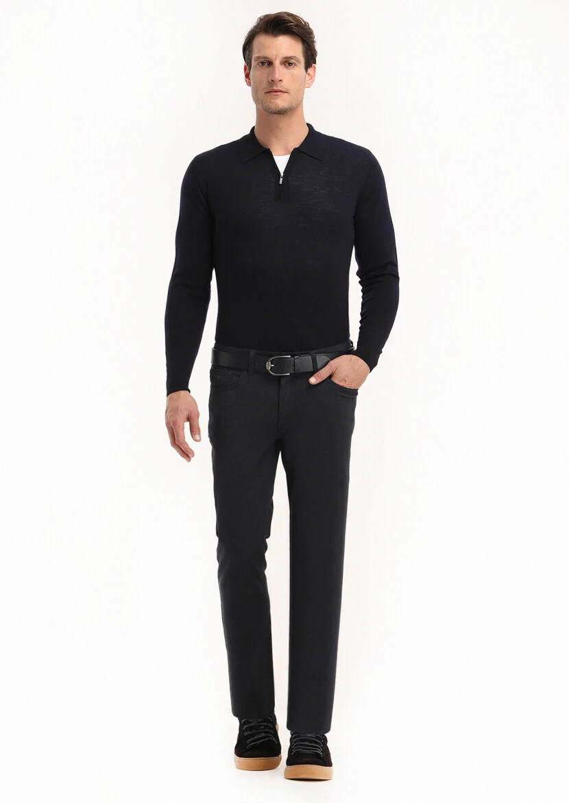 Navy Blue Weaving Slim Fit Casual Cotton Blended Trousers - 1