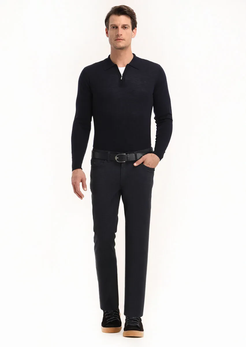 Navy Blue Weaving Slim Fit Casual Cotton Blended Trousers - 1
