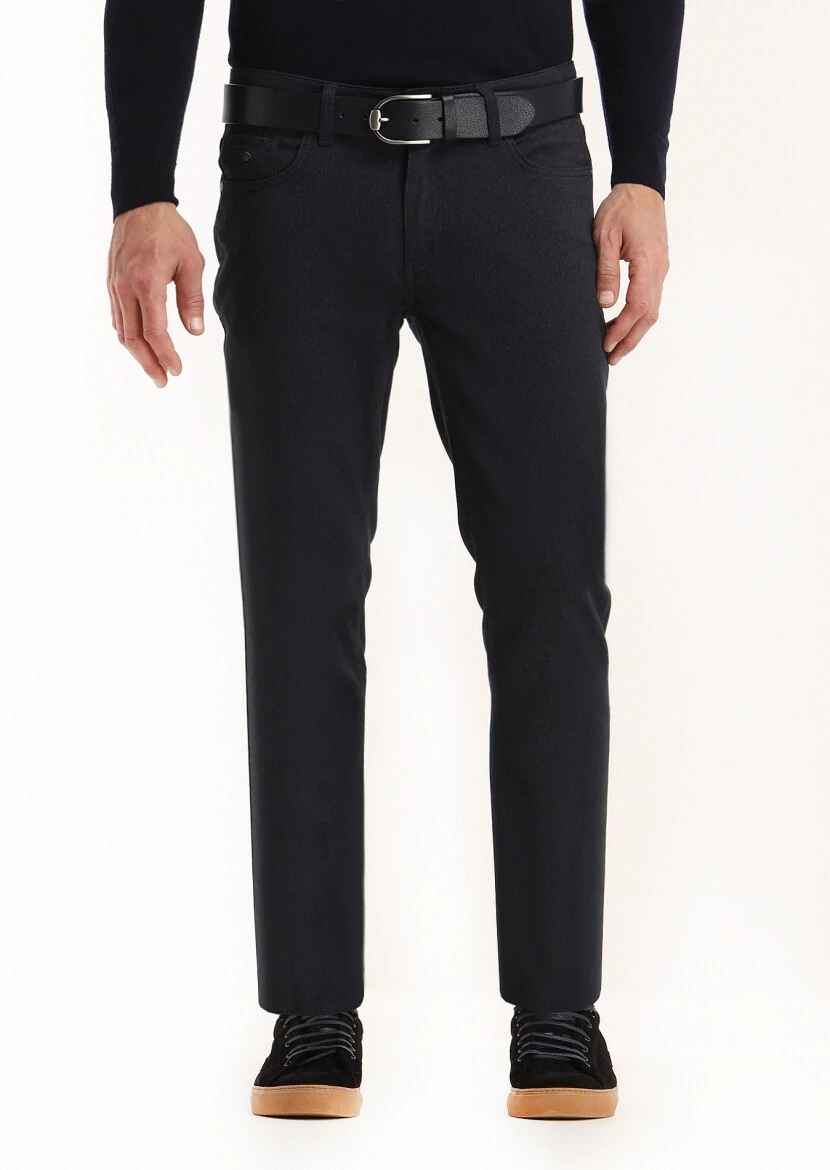 Navy Blue Weaving Slim Fit Casual Cotton Blended Trousers 