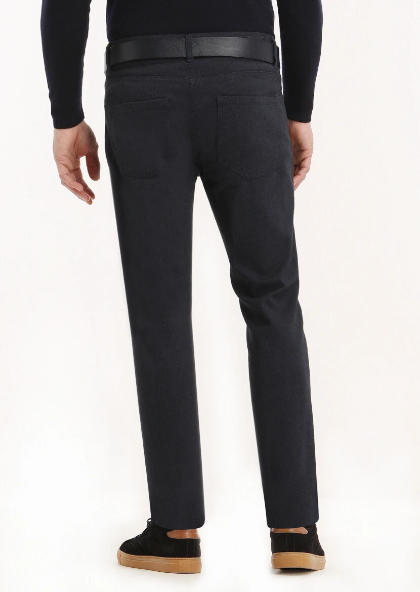 Navy Blue Weaving Slim Fit Casual Cotton Blended Trousers - 4