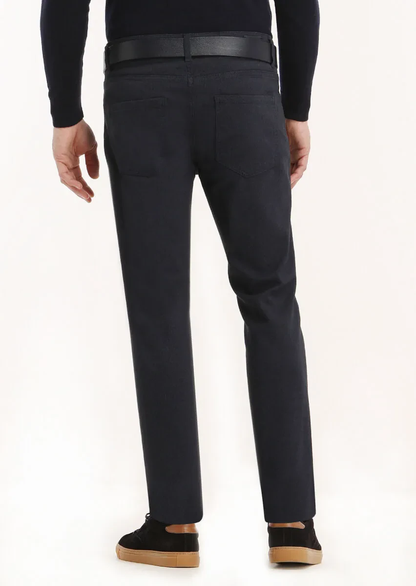 Navy Blue Weaving Slim Fit Casual Cotton Blended Trousers - 4