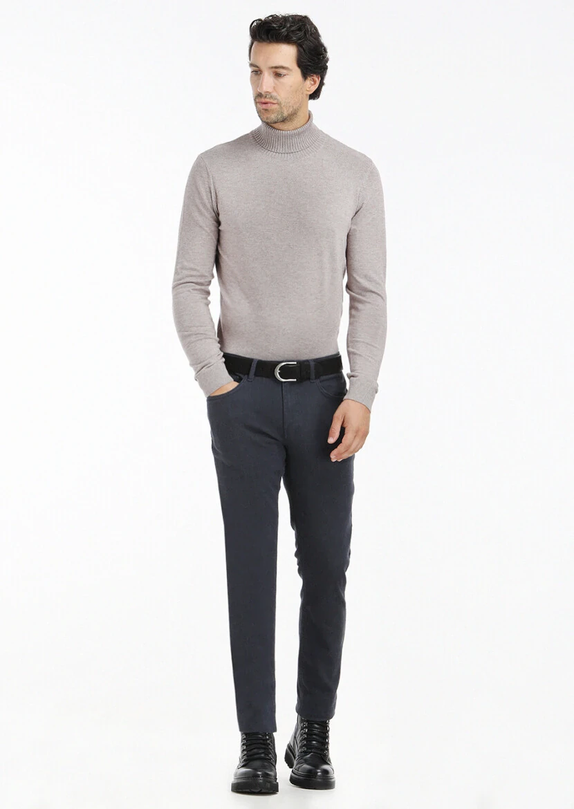 Navy Blue Weaving Slim Fit Casual Cotton Blended Trousers - 1