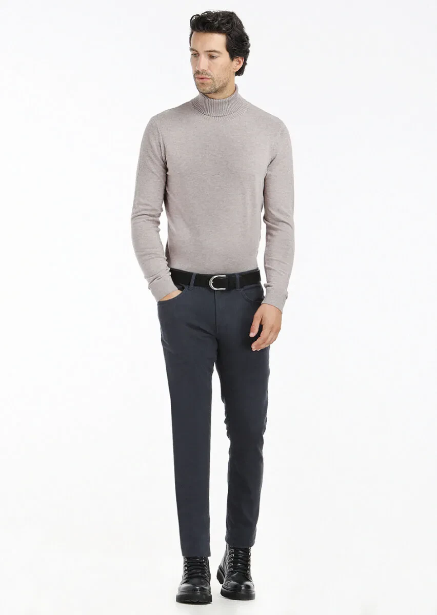 Navy Blue Weaving Slim Fit Casual Cotton Blended Trousers - 1