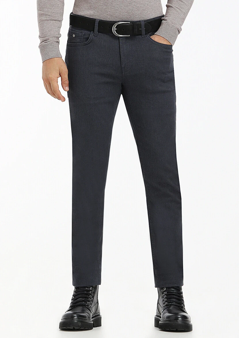Navy Blue Weaving Slim Fit Casual Cotton Blended Trousers - 2