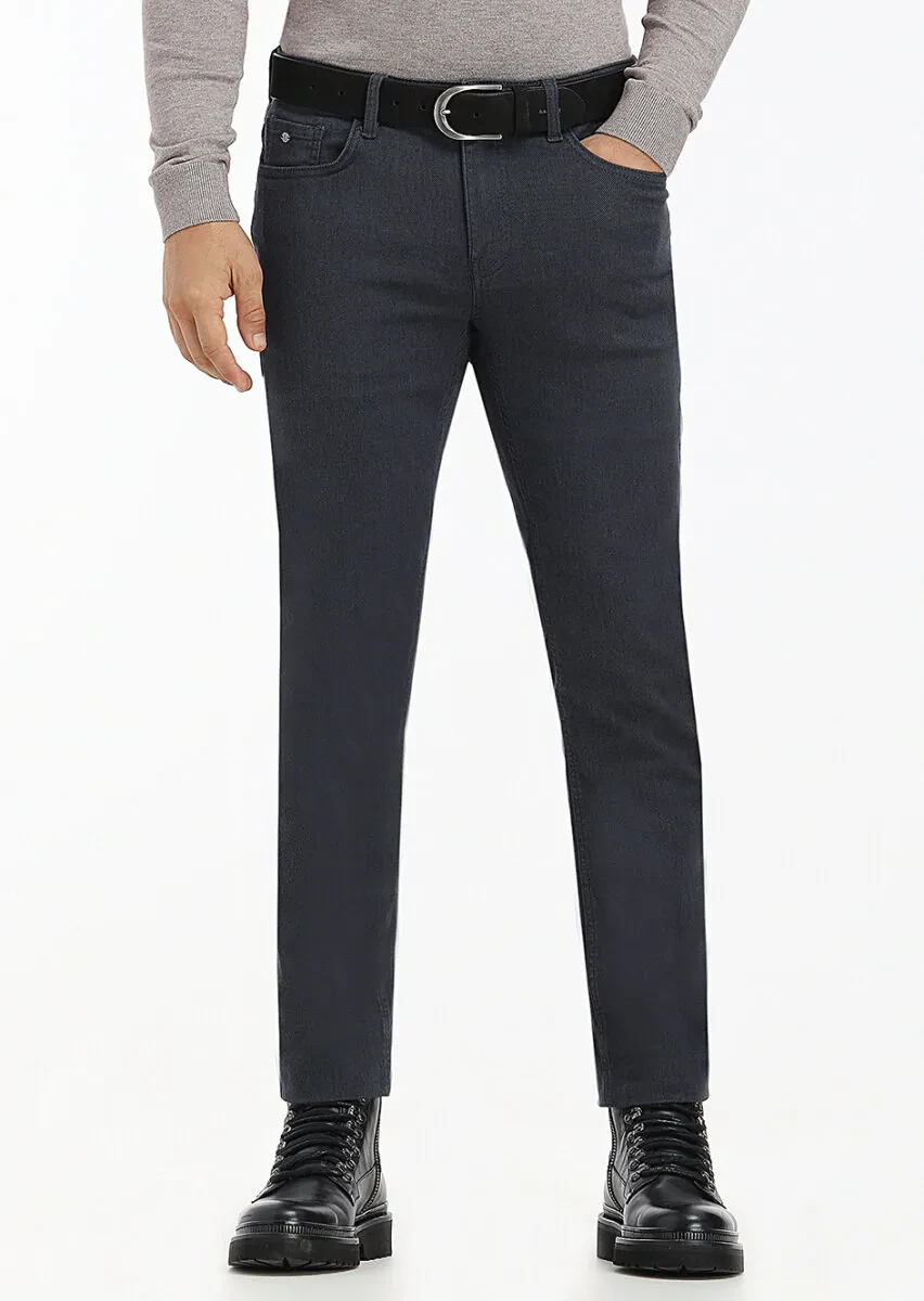 Navy Blue Weaving Slim Fit Casual Cotton Blended Trousers - 2