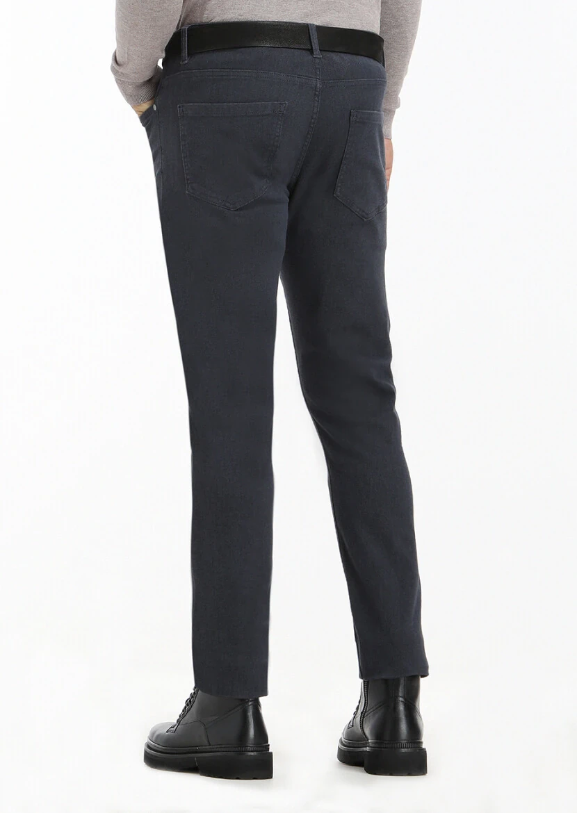 Navy Blue Weaving Slim Fit Casual Cotton Blended Trousers - 4