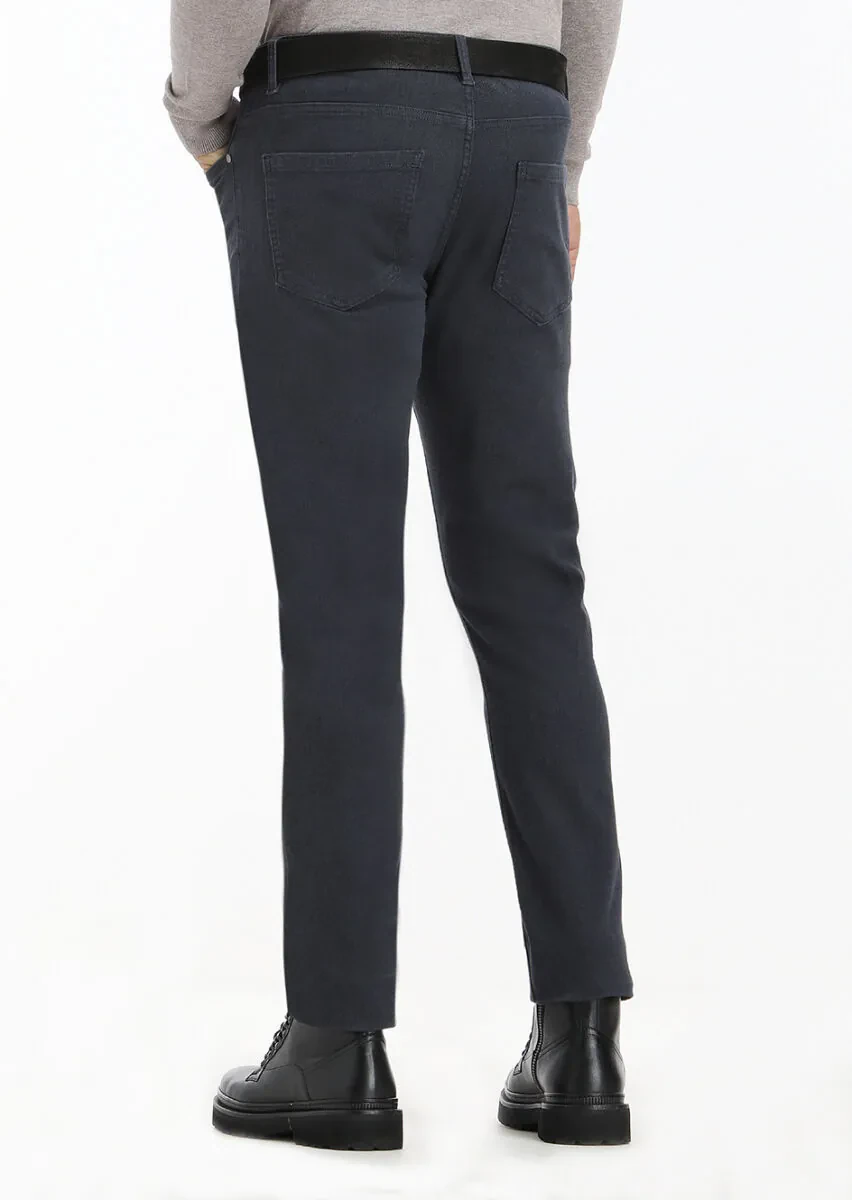 Navy Blue Weaving Slim Fit Casual Cotton Blended Trousers - 4