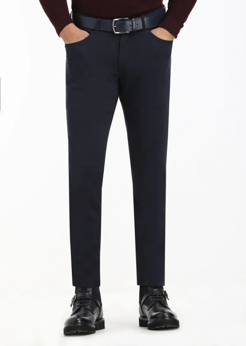 Navy Blue Weaving Slim Fit Casual Cotton Blended Trousers - 2
