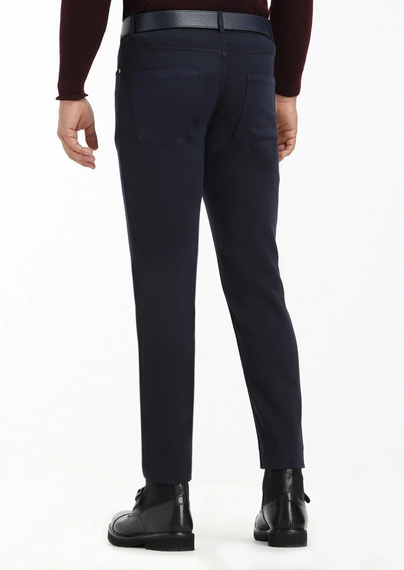 Navy Blue Weaving Slim Fit Casual Cotton Blended Trousers - 4
