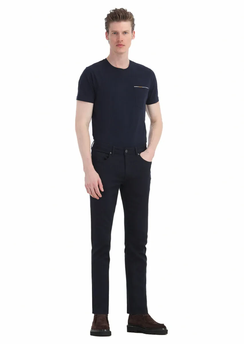 Navy Blue Weaving Slim Fit Casual Cotton Blended Trousers - 2