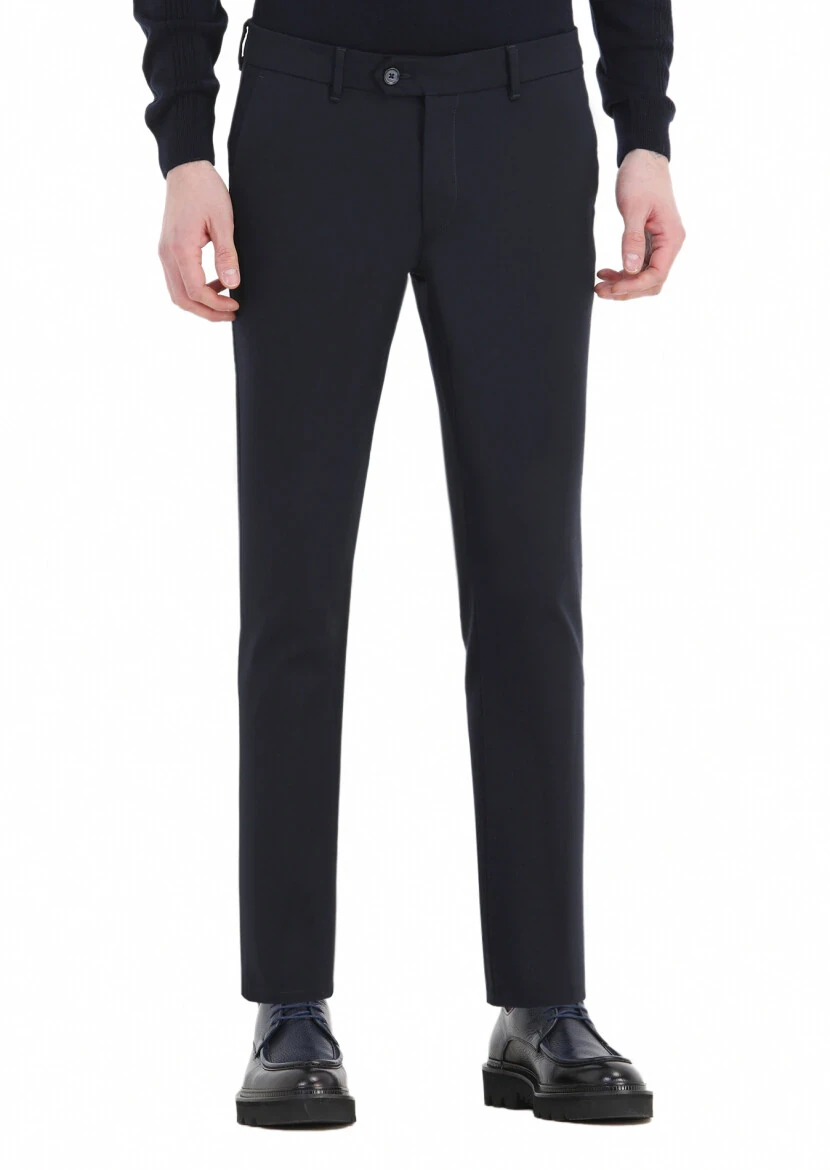 Navy Blue Weaving Slim Fit Casual Cotton Blended Trousers - RAMSEY