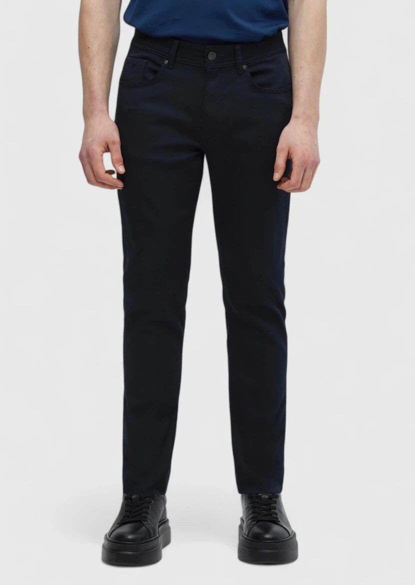 Navy Blue Weaving Slim Fit Casual Cotton Blended Trousers 