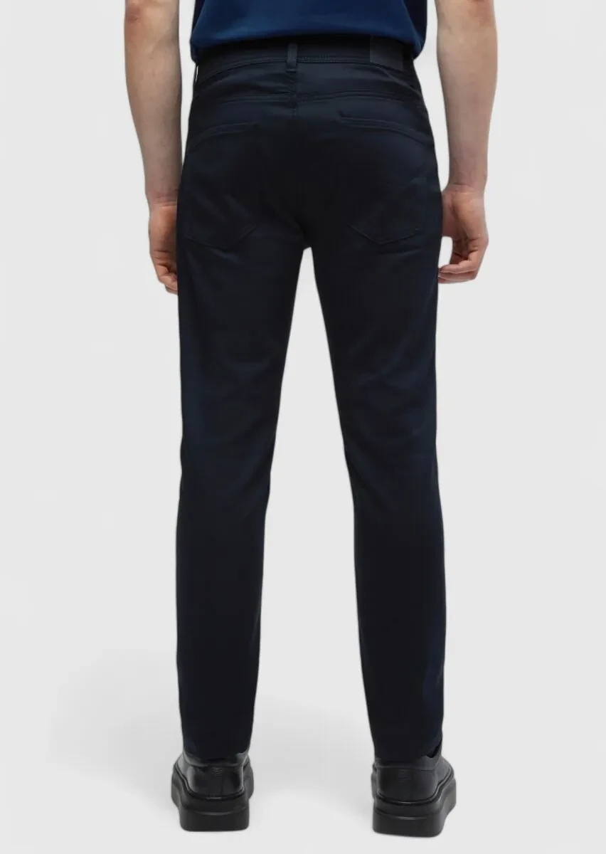Navy Blue Weaving Slim Fit Casual Cotton Blended Trousers - 5