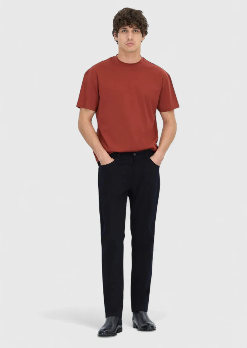 Navy Blue Weaving Slim Fit Casual Cotton Blended Trousers - 1