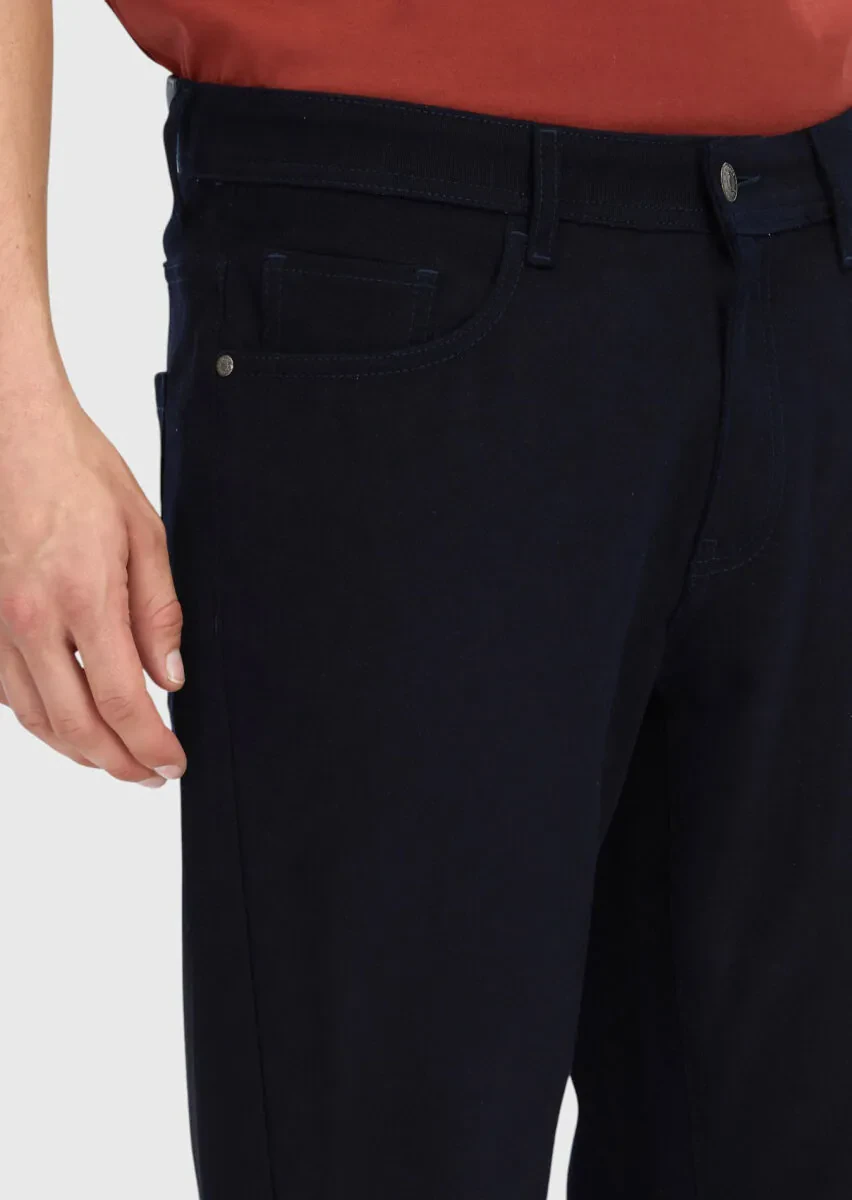 Navy Blue Weaving Slim Fit Casual Cotton Blended Trousers - 3
