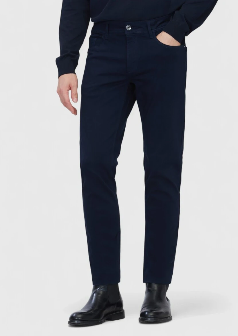 Navy Blue Weaving Slim Fit Casual Cotton Blended Trousers - RAMSEY