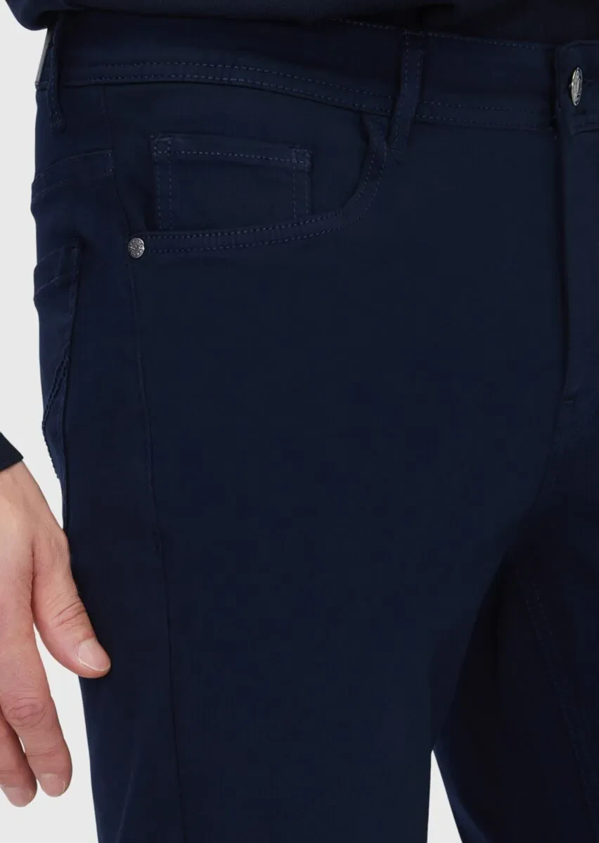 Navy Blue Weaving Slim Fit Casual Cotton Blended Trousers - 3