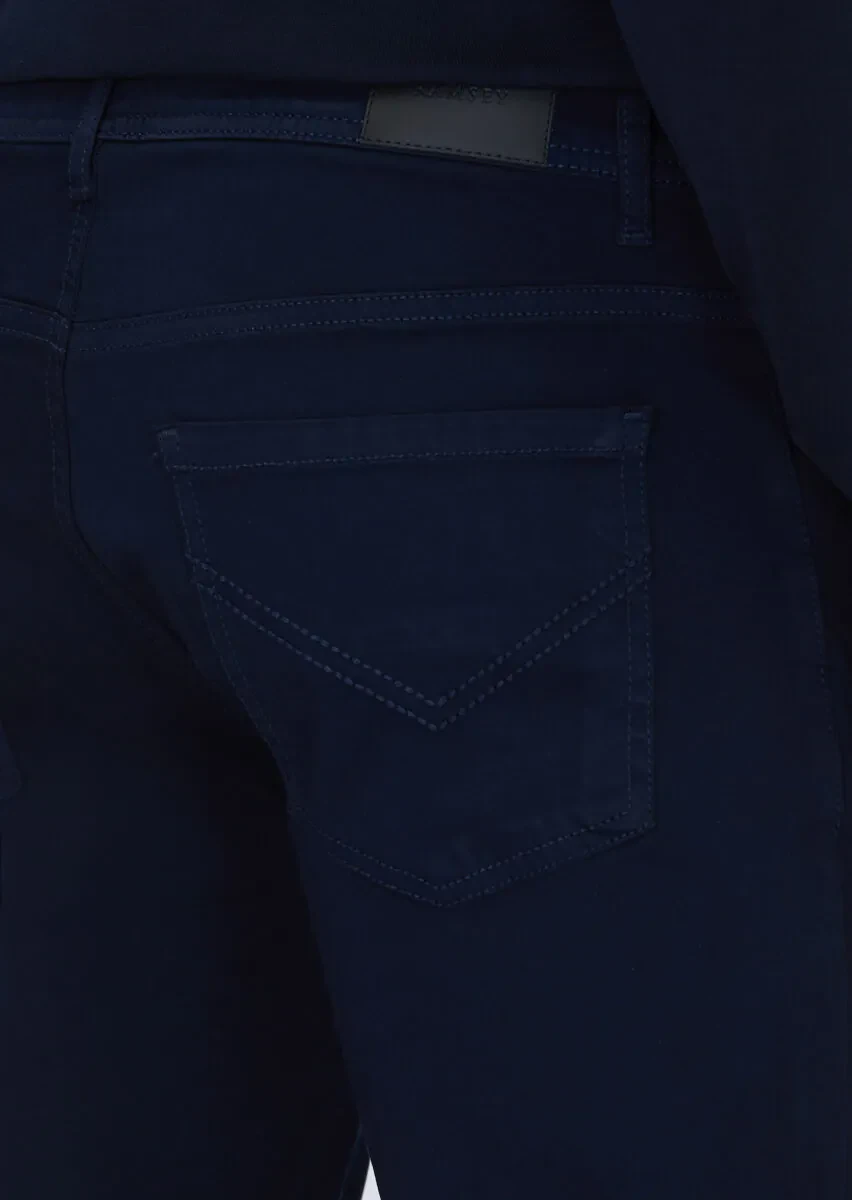 Navy Blue Weaving Slim Fit Casual Cotton Blended Trousers - 4