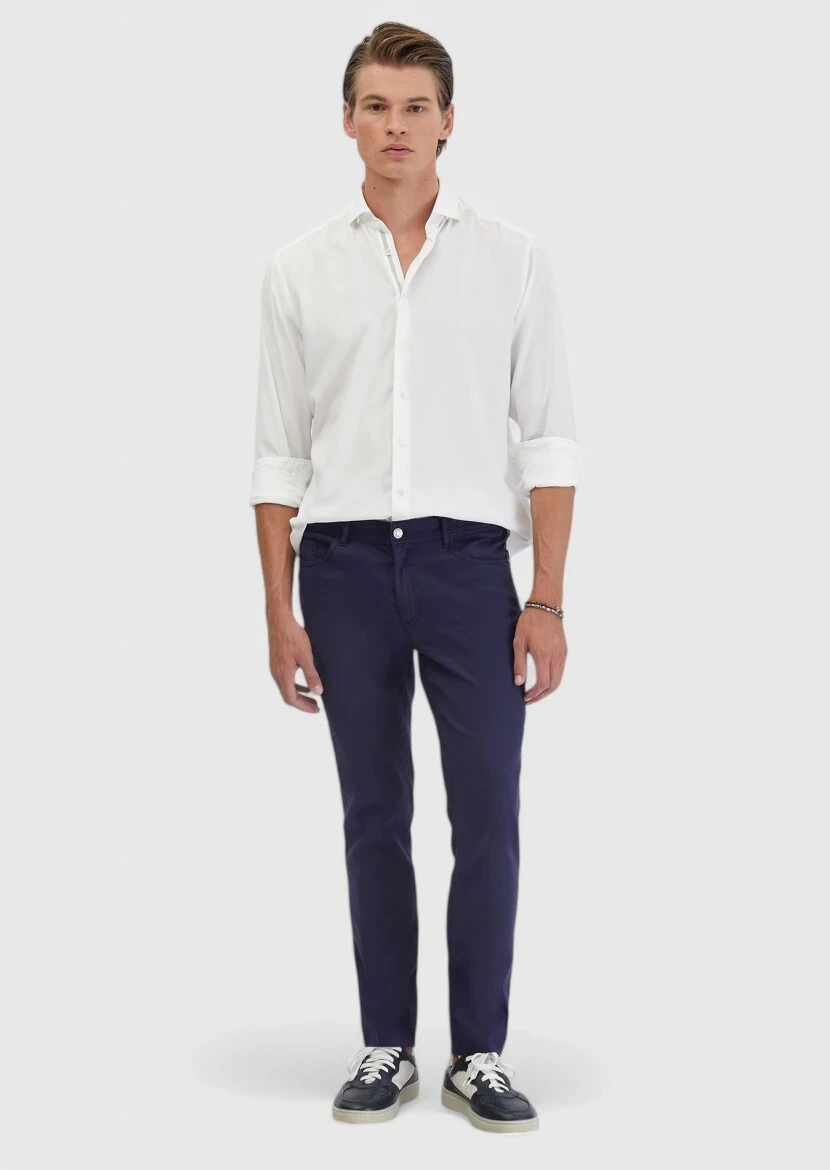 Navy Blue Weaving Slim Fit Casual Linen Blended Trousers - RAMSEY