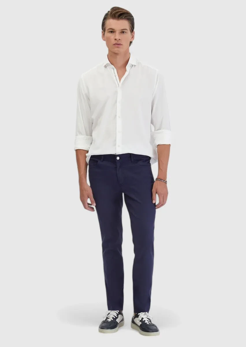 Navy Blue Weaving Slim Fit Casual Linen Blended Trousers - 1