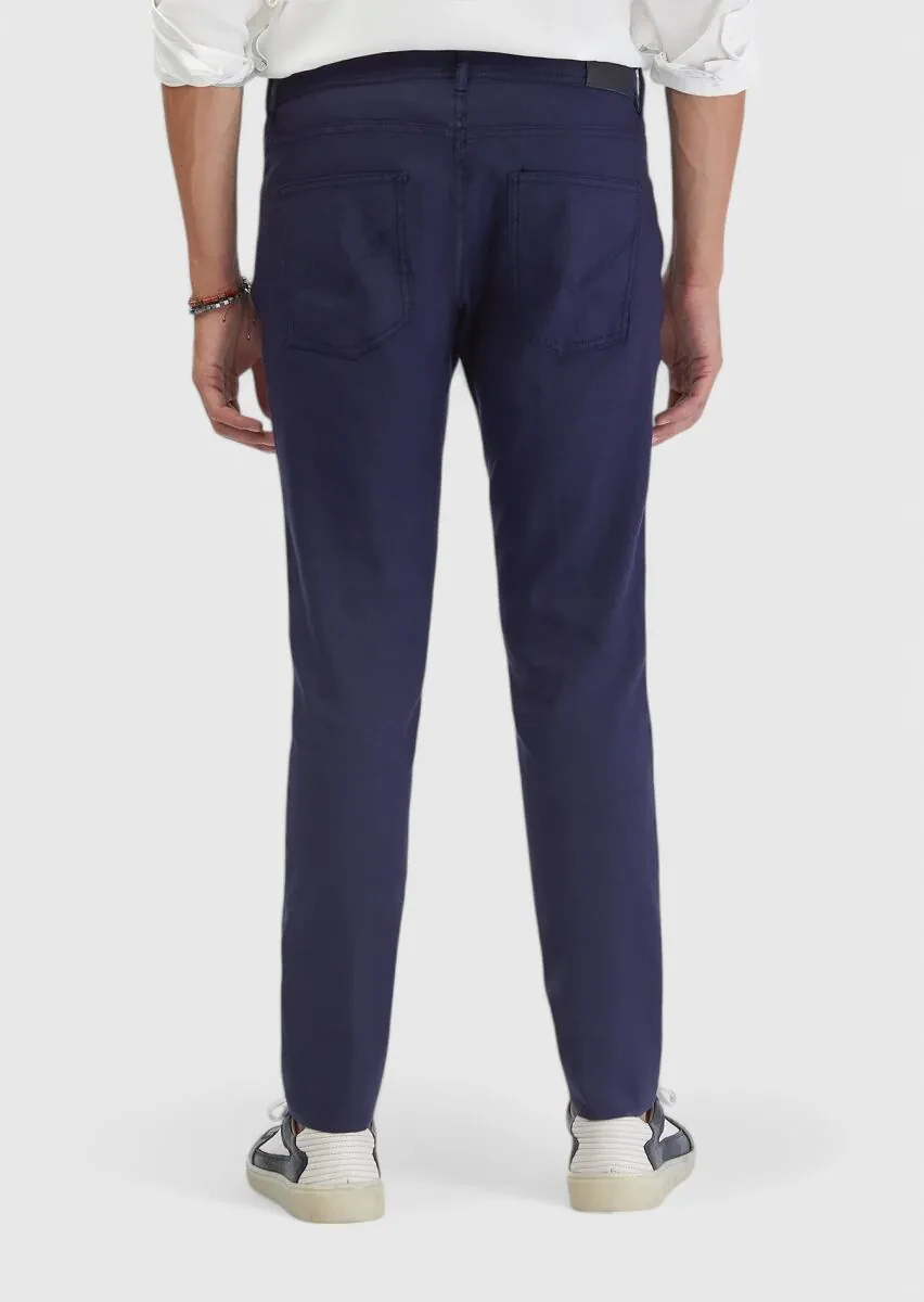 Navy Blue Weaving Slim Fit Casual Linen Blended Trousers - 4