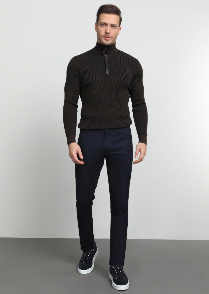 Navy Blue Weaving Slim Fit Casual Trousers - 3