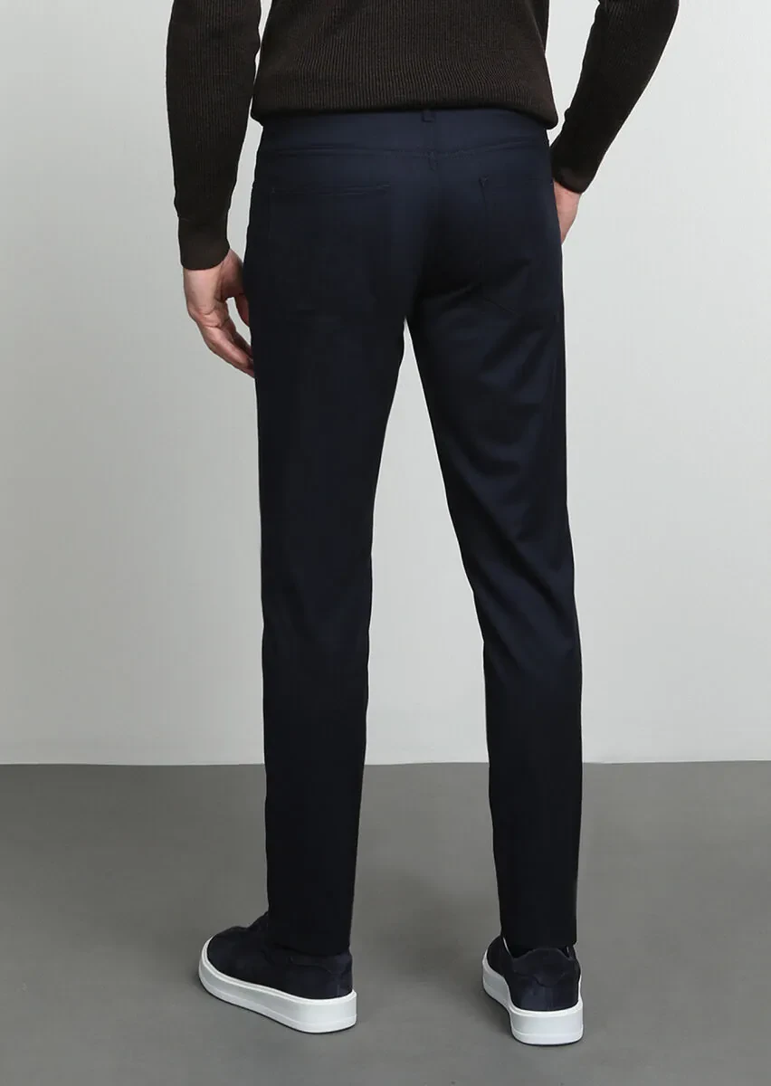 Navy Blue Weaving Slim Fit Casual Trousers - 4
