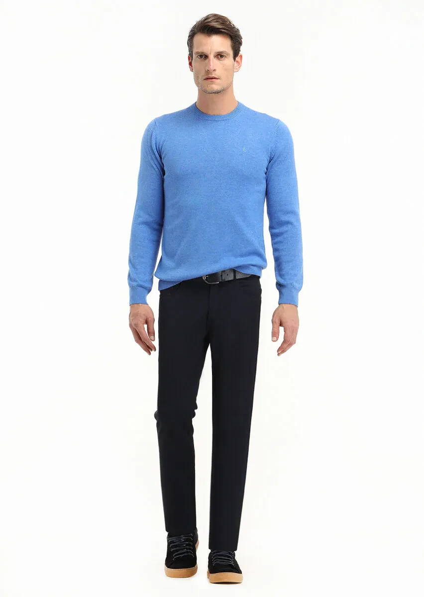 Navy Blue Weaving Slim Fit Casual Trousers - 1