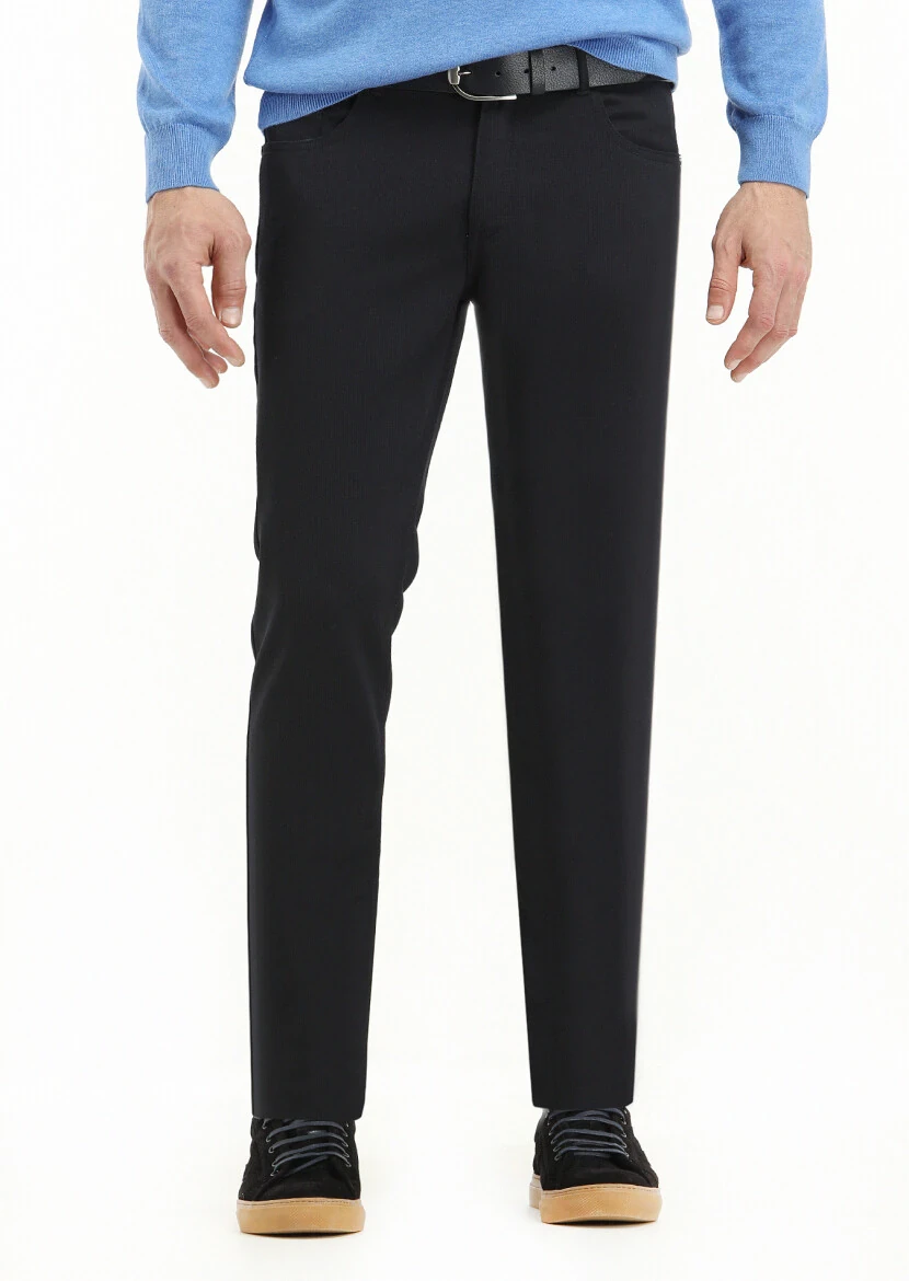 Navy Blue Weaving Slim Fit Casual Trousers 