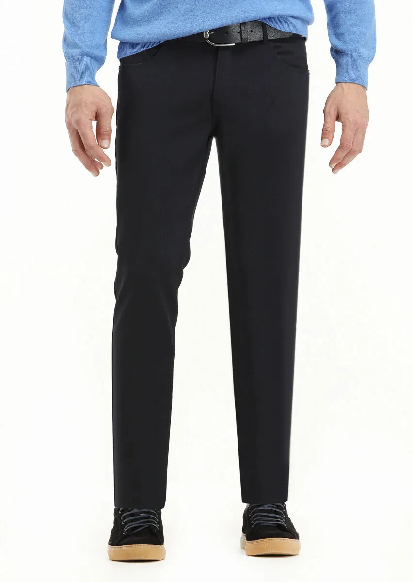Navy Blue Weaving Slim Fit Casual Trousers - 2
