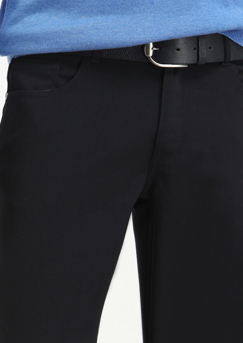 Navy Blue Weaving Slim Fit Casual Trousers - 3