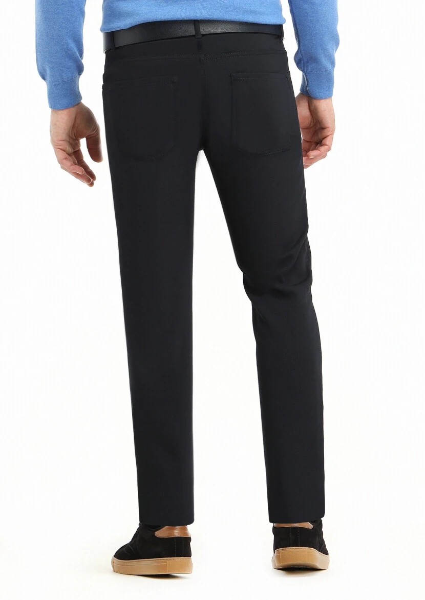 Navy Blue Weaving Slim Fit Casual Trousers - 4
