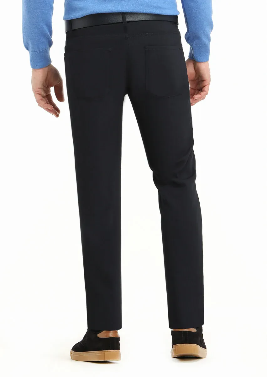 Navy Blue Weaving Slim Fit Casual Trousers - 4