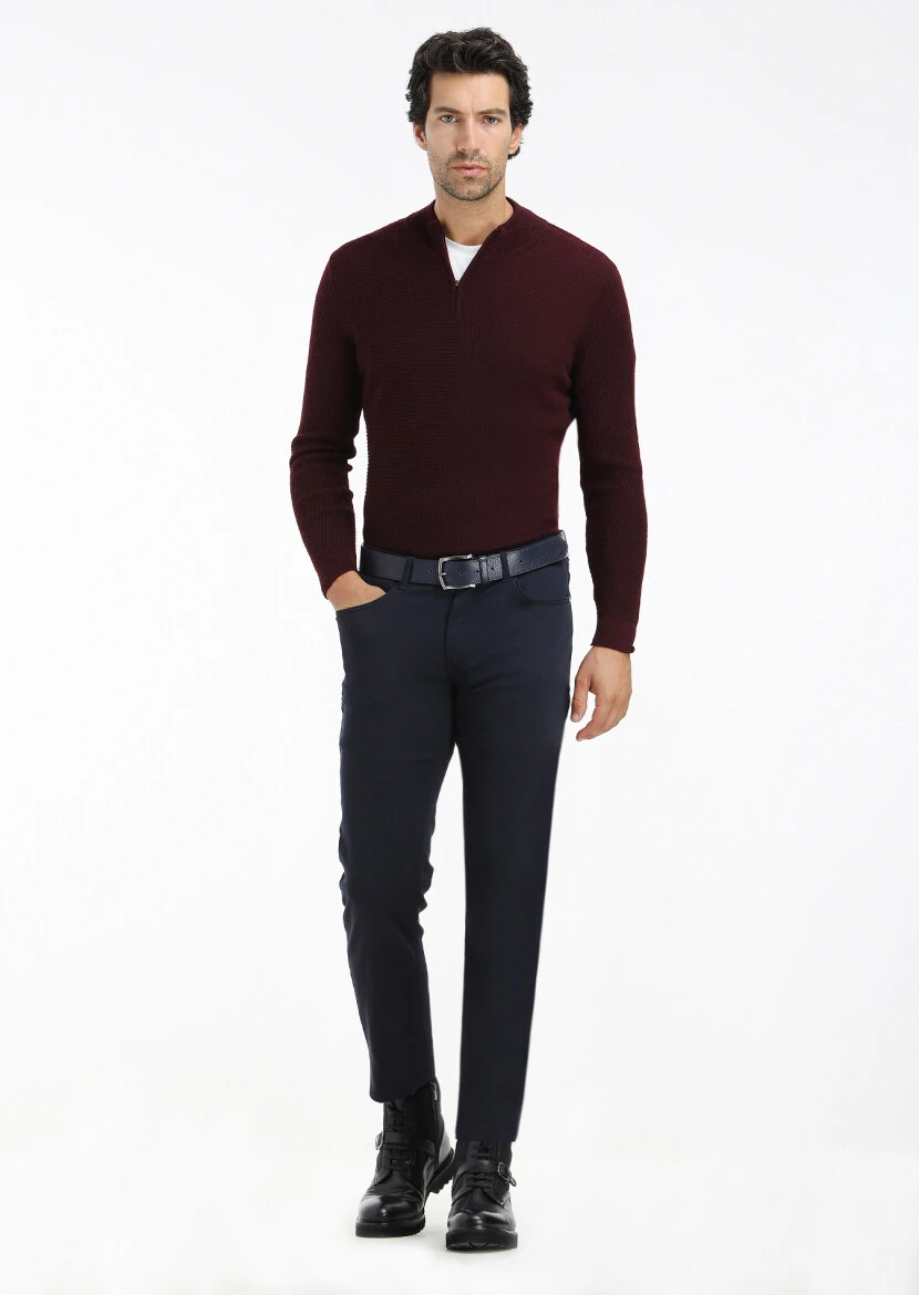 Navy Blue Weaving Slim Fit Casual Trousers - RAMSEY