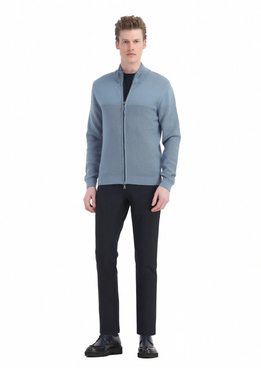 Navy Blue Weaving Slim Fit Casual Trousers - RAMSEY