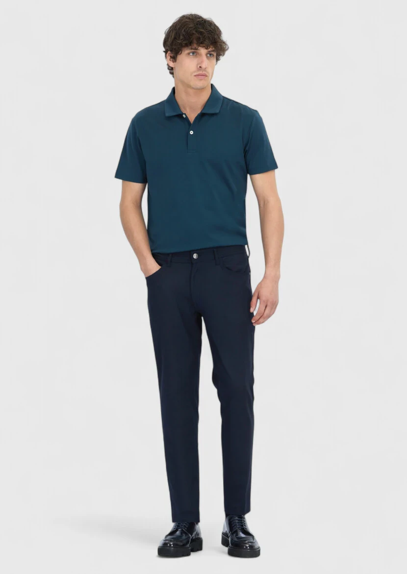 Navy Blue Weaving Slim Fit Casual Trousers - RAMSEY