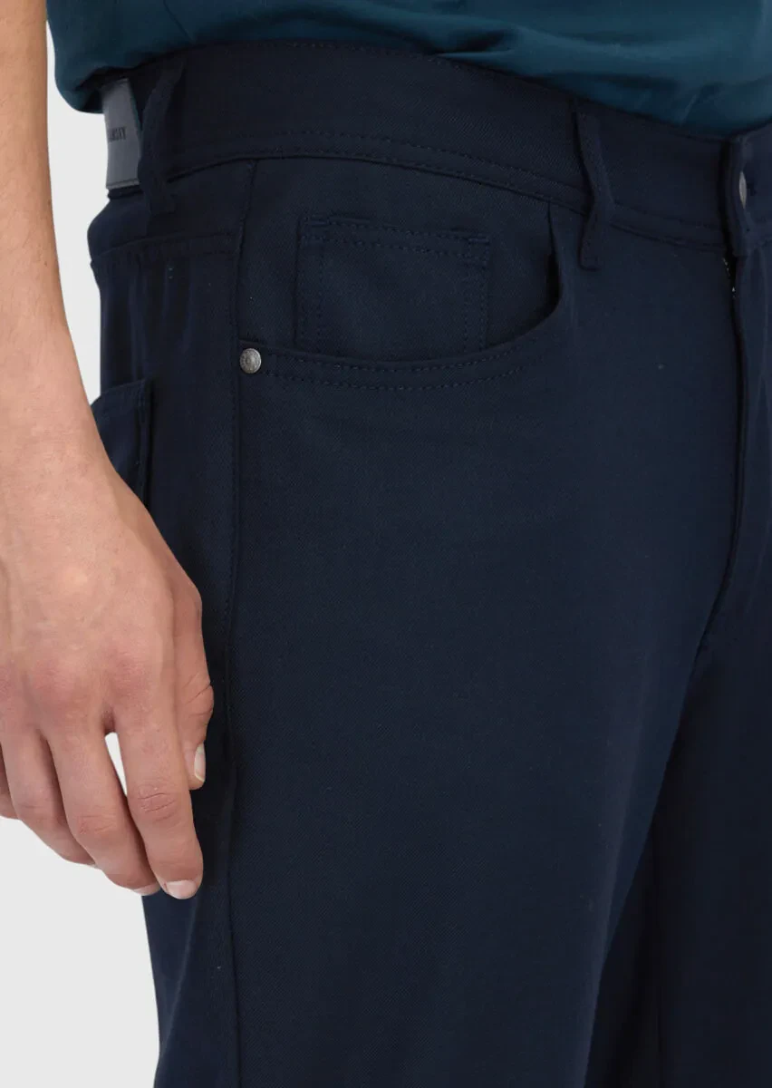 Navy Blue Weaving Slim Fit Casual Trousers - 4