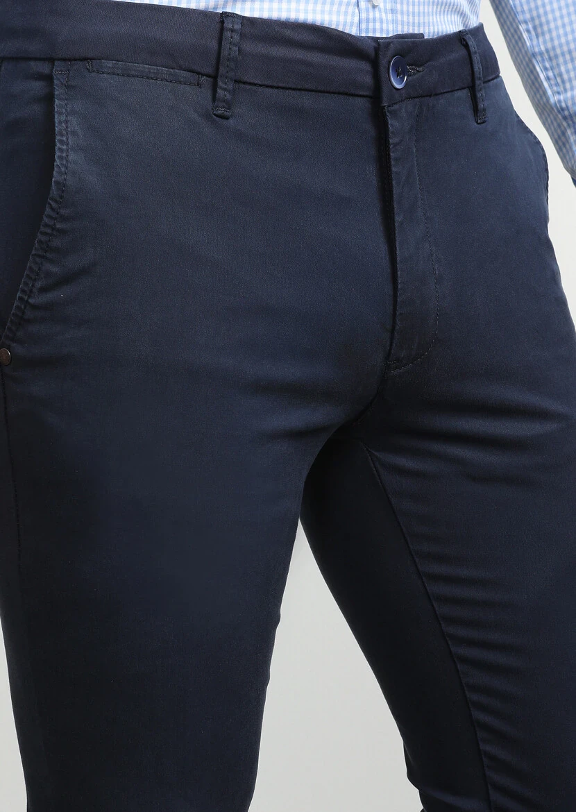 Navy Blue Weaving Slim Fit Smart Casual Trousers 