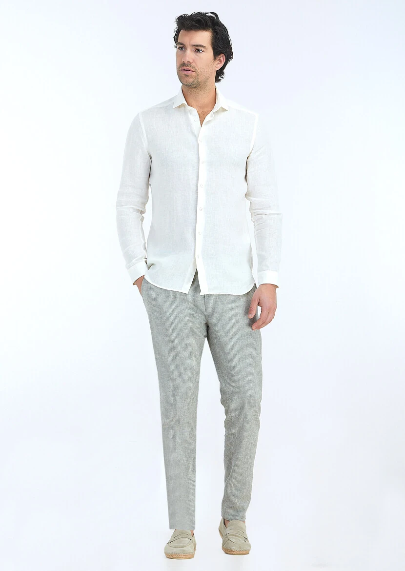 Off White Plain Regular Fit Weaving Casual 100% Linen Shirt - 1