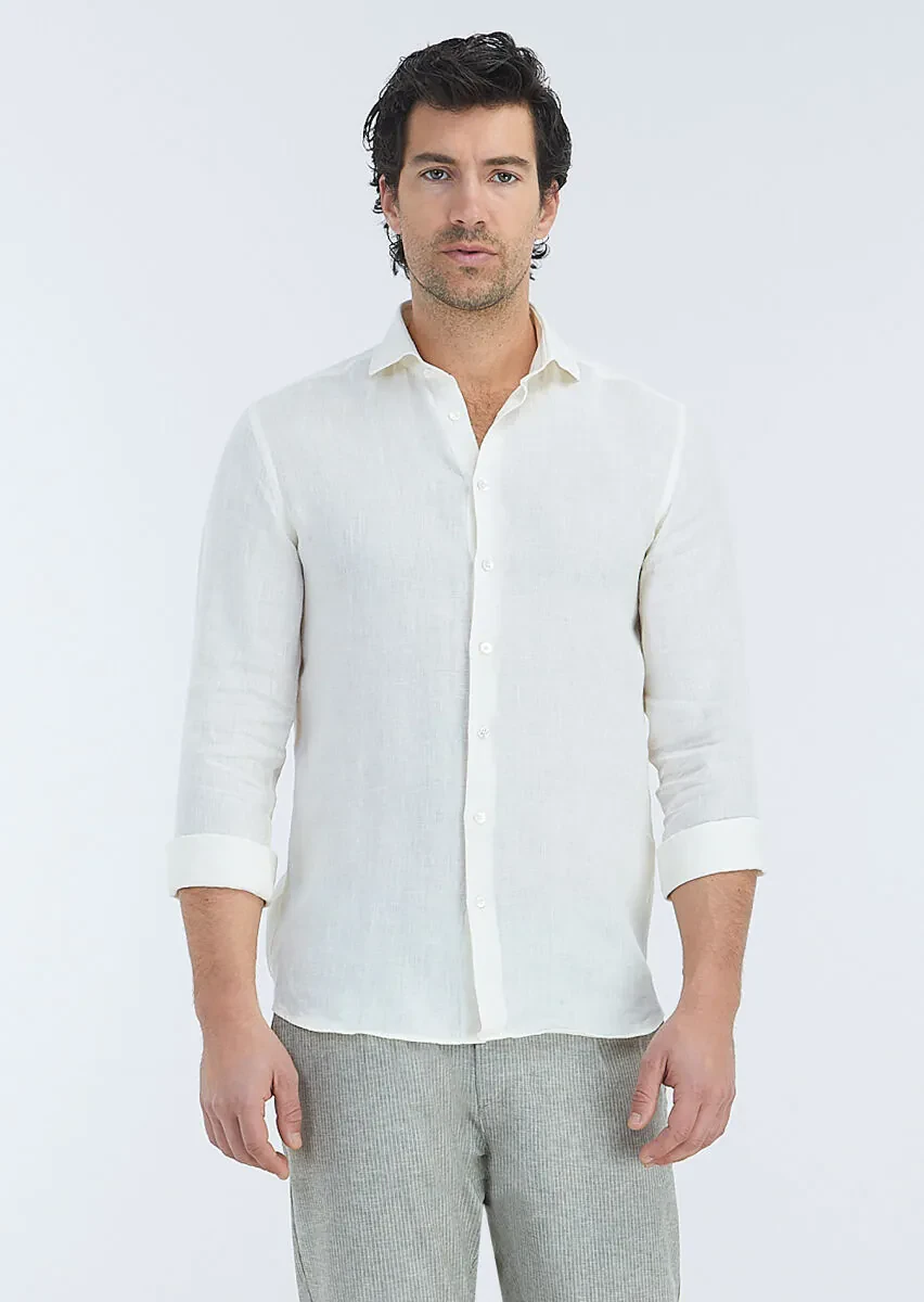 Off White Plain Regular Fit Weaving Casual 100% Linen Shirt - 2