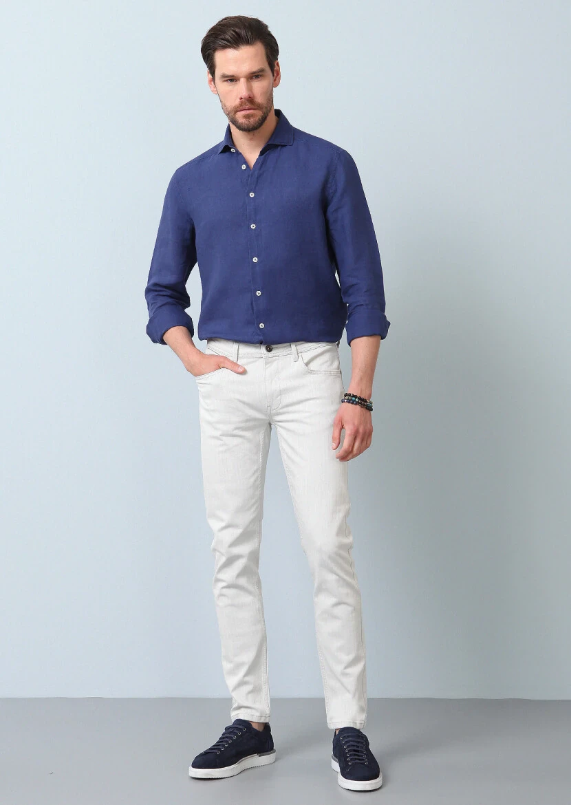 Off White Slim Fit Denim Cotton Blended Trousers - 1