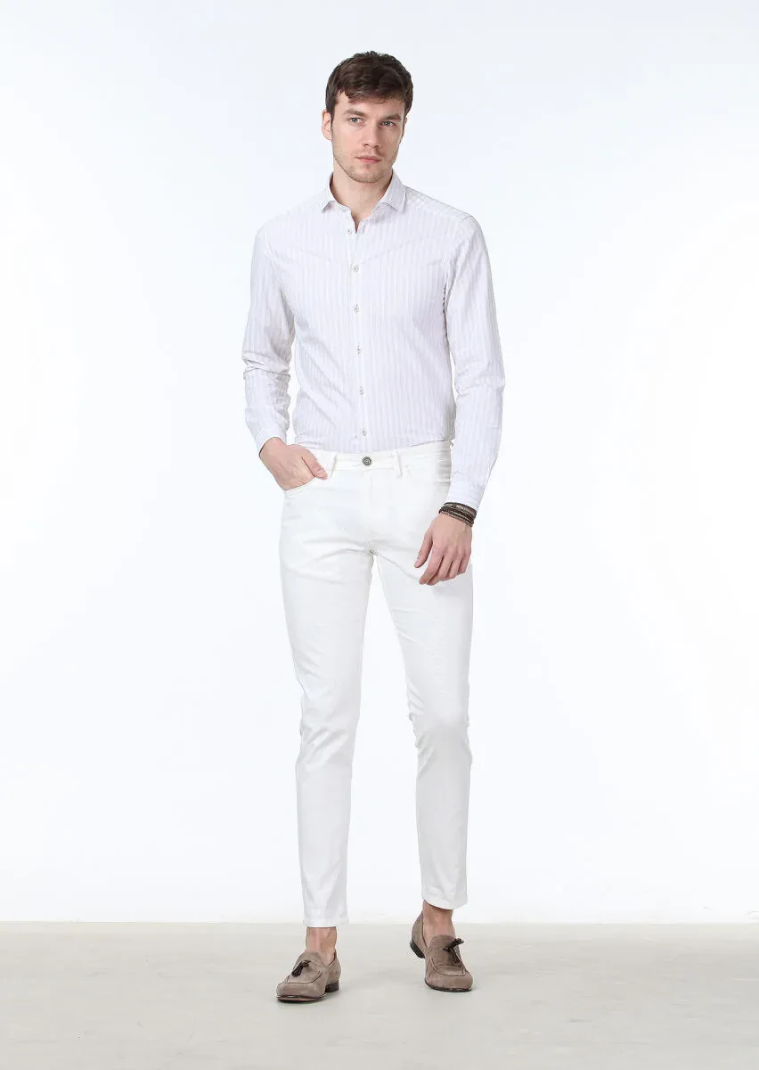Off White Weaving Slim Fit Casual Cotton Blended Trousers - 2