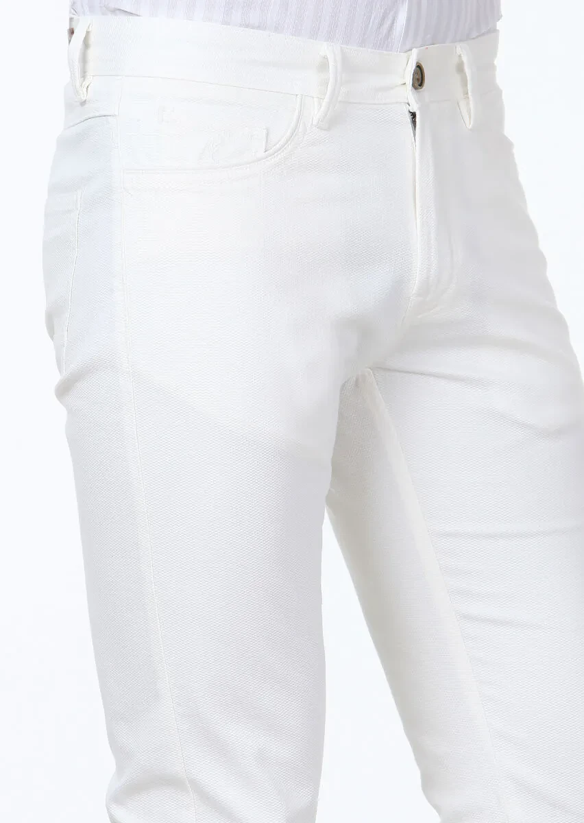 Off White Weaving Slim Fit Casual Cotton Blended Trousers - 3