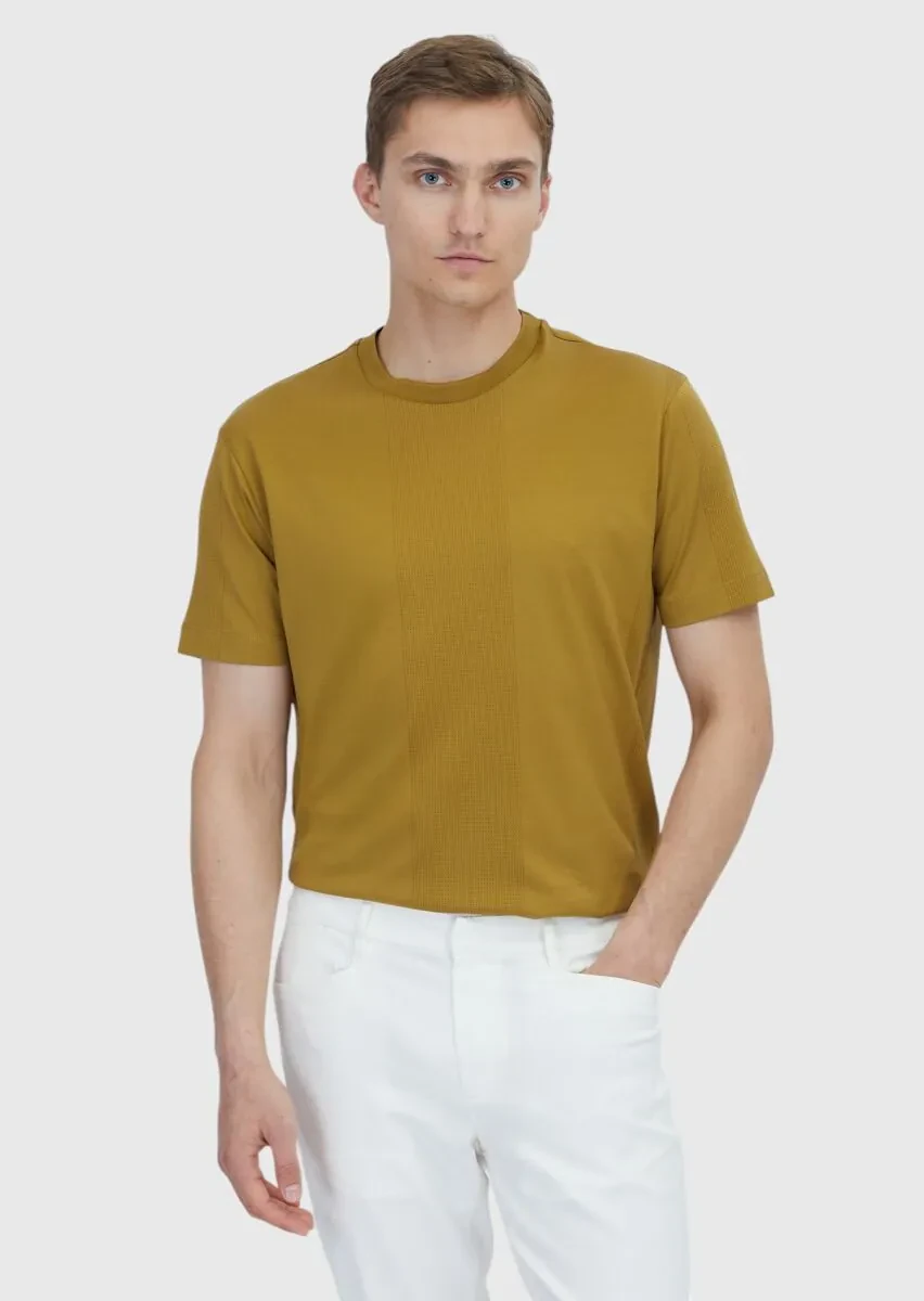 Oil Green Jacquard Crew Neck 100% Cotton T-Shirt - 1