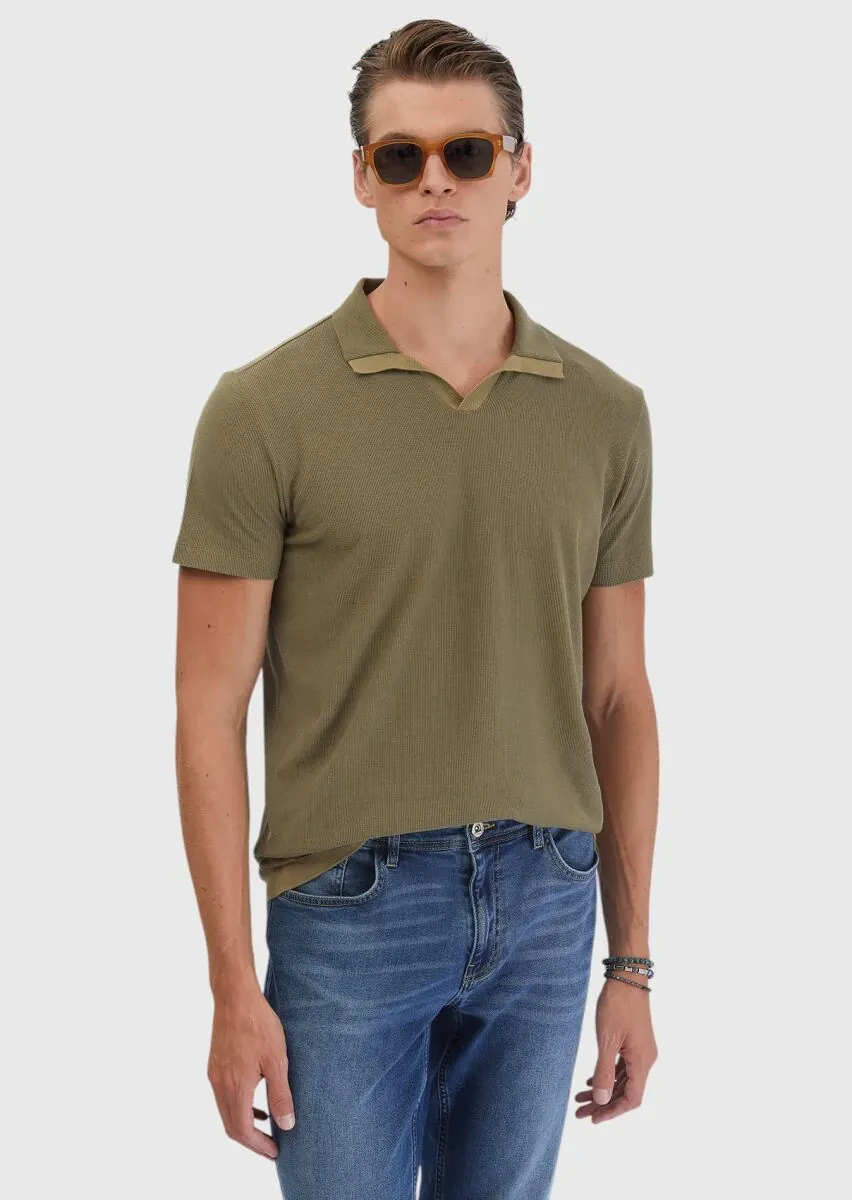 Oil Green Jacquard Polo Neck 100% Cotton T-Shirt - 1